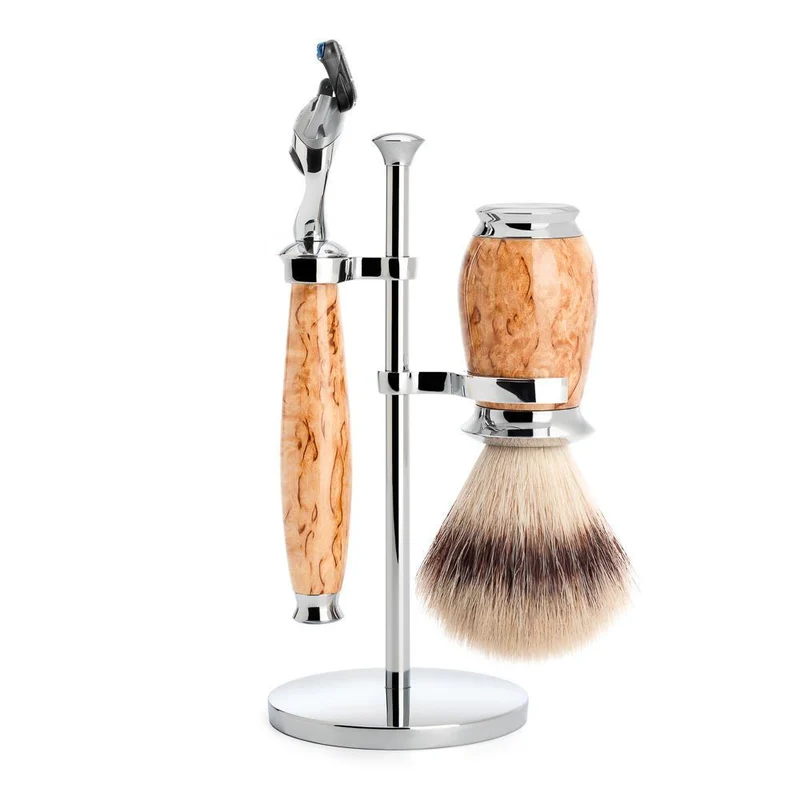 MÜHLE PURIST 3 Pc. Shaving Set, Silvertip Fibre® Brush & Gillette® Fusion™ Razor, Karelian Masur Birch