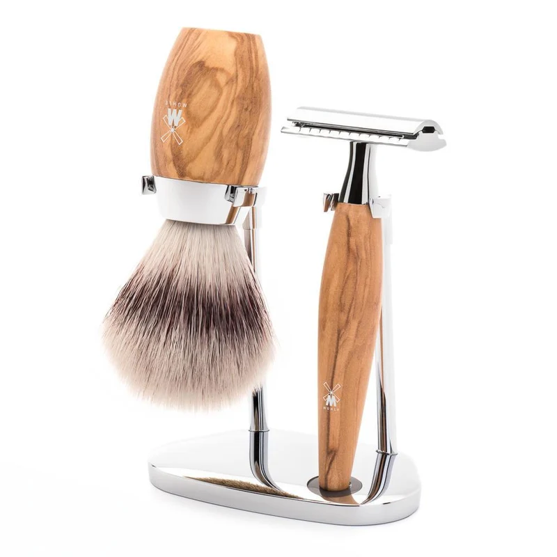 MÜHLE KOSMO 3 Pc. Shaving Set, Silvertip Fibre® Brush & Safety Razor, Olive Wood