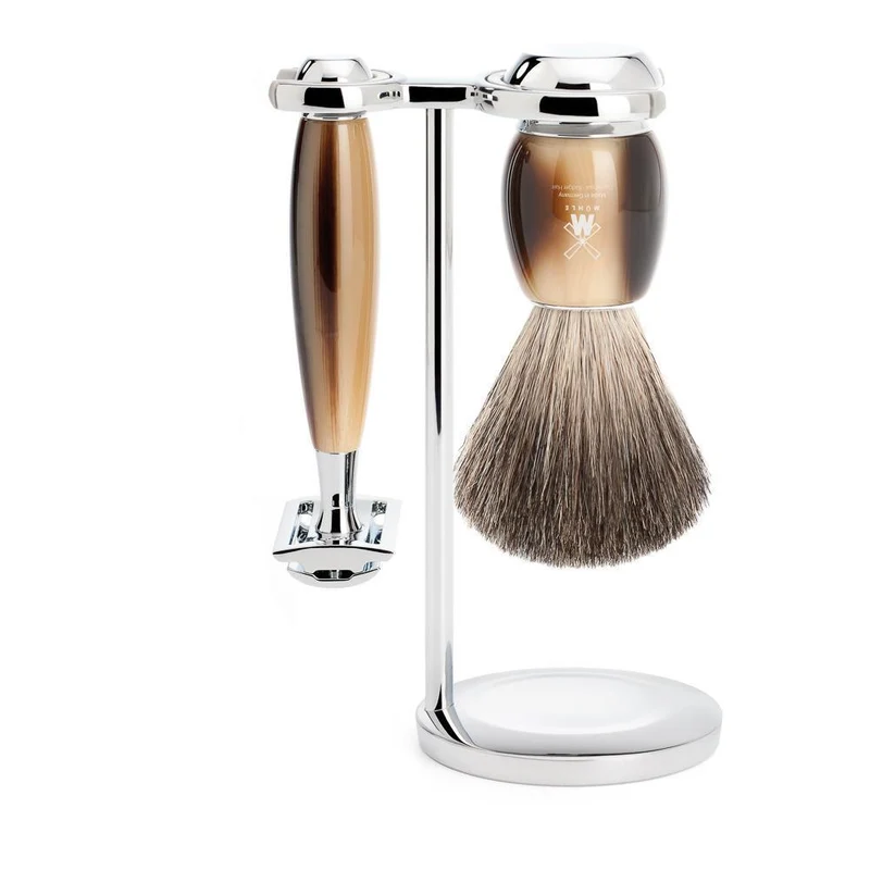 MÜHLE VIVO 3 Pc. Shaving Set, Pure Badger Brush & Safety Razor, Horn Brown