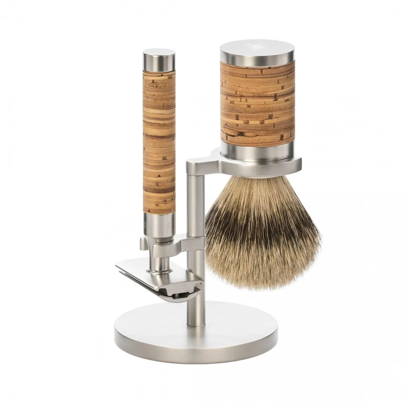 MÜHLE ROCCA 3 Pc. Shaving Set, Silvertip Badger Brush & Safety Razor, Stainless Steel, Birch Bark