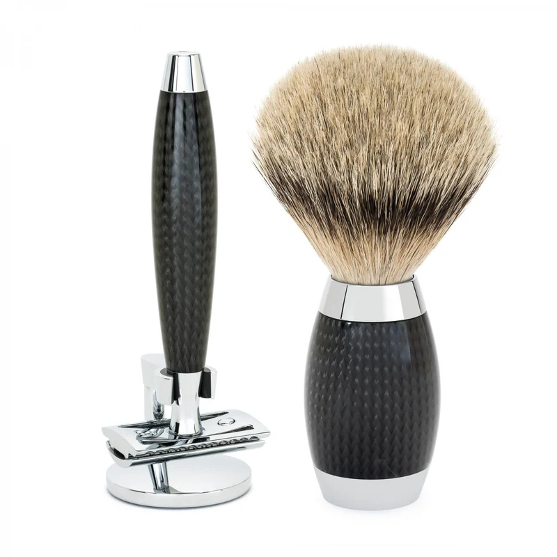 MÜHLE EDITION 3 Pc. Shaving Set, Silver Tip Badger Brush & Safety Razor, Carbon