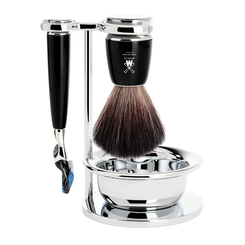 MÜHLE RYTMO 4 Pc. Shaving Set, Black Fibre Brush & Gillette® Fusion™ Razor, Black