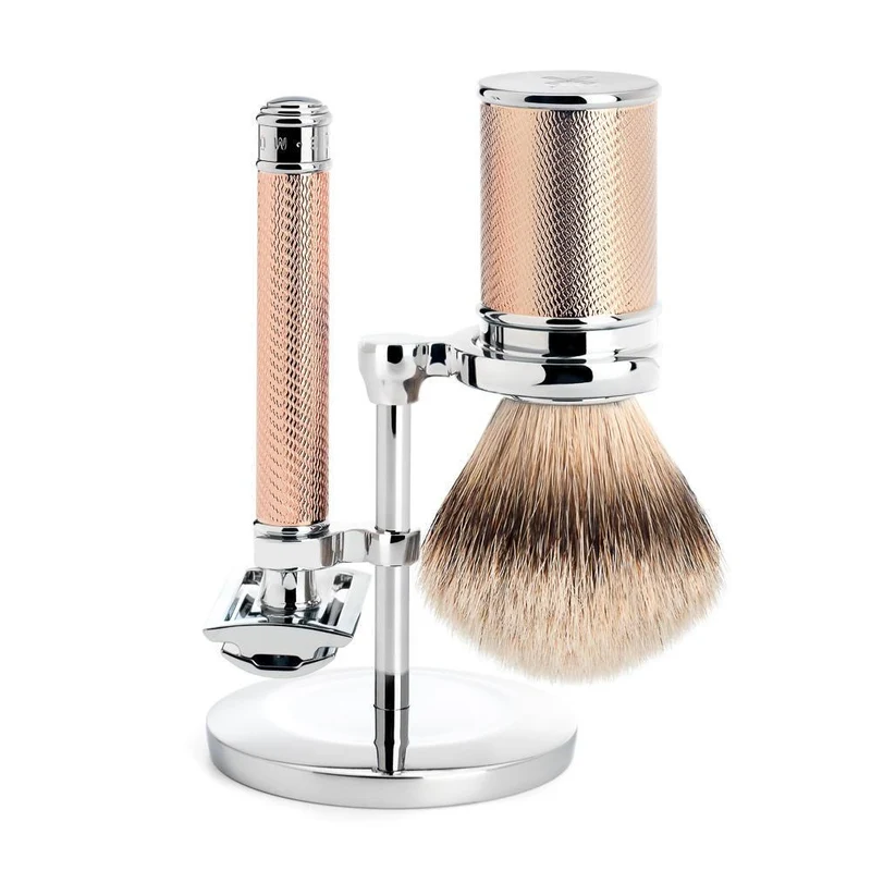 MÜHLE TRADITIONAL 3 Pc. Shaving Set, Silvertip Badger Brush & Safety Razor, Rose Gold-Plated Metal