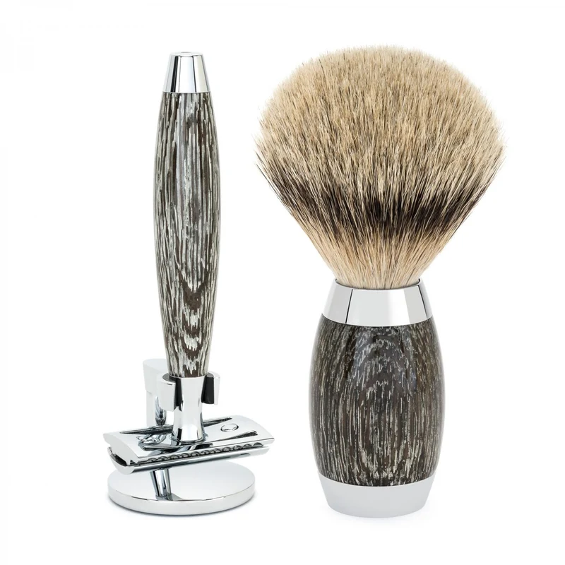 MÜHLE EDITION 3 Pc. Shaving Set, Silvertip Badger Brush & Safety Razor, Ancient Oak & Silver
