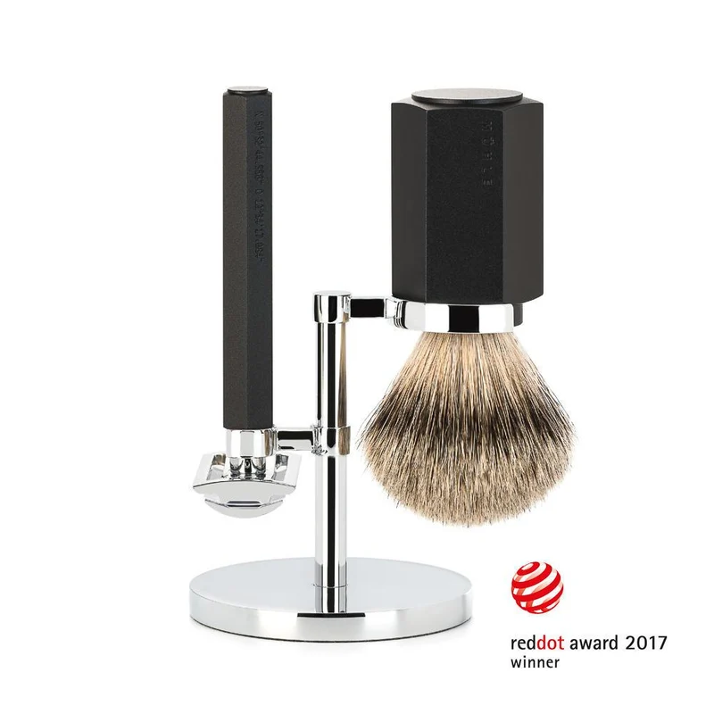 MÜHLE HEXAGON 3 Pc. Shaving Set, Silvertip Badger Brush & Safety Razor, Graphite