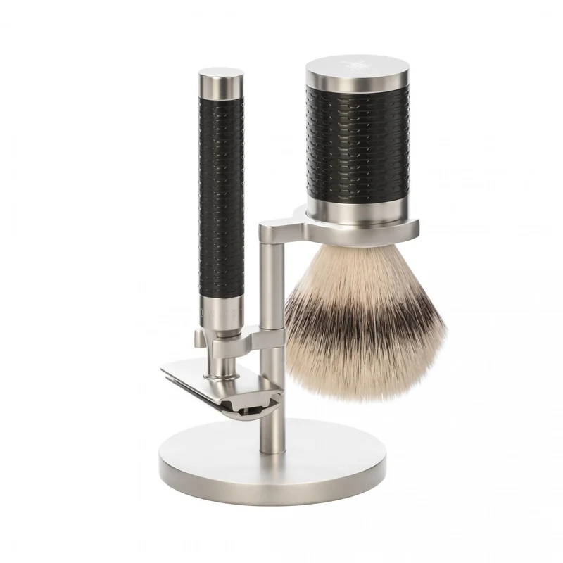 MÜHLE ROCCA 3 Pc. Shaving Set, Silvertip Fibre® Brush & Safety Razor, Stainless Steel, Black