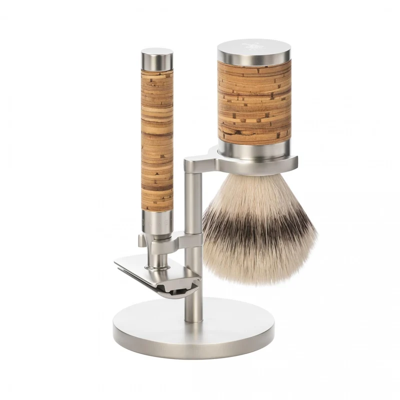MÜHLE ROCCA 3 Pc. Shaving Set, Silvertip Fibre® Brush & Safety Razor, Stainless Steel, Birch Bark