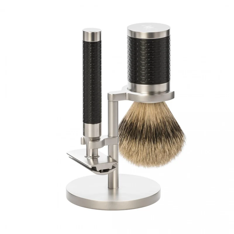 MÜHLE ROCCA 3 Pc. Shaving Set, Silvertip Badger Brush & Safety Razor, Stainless Steel, Black