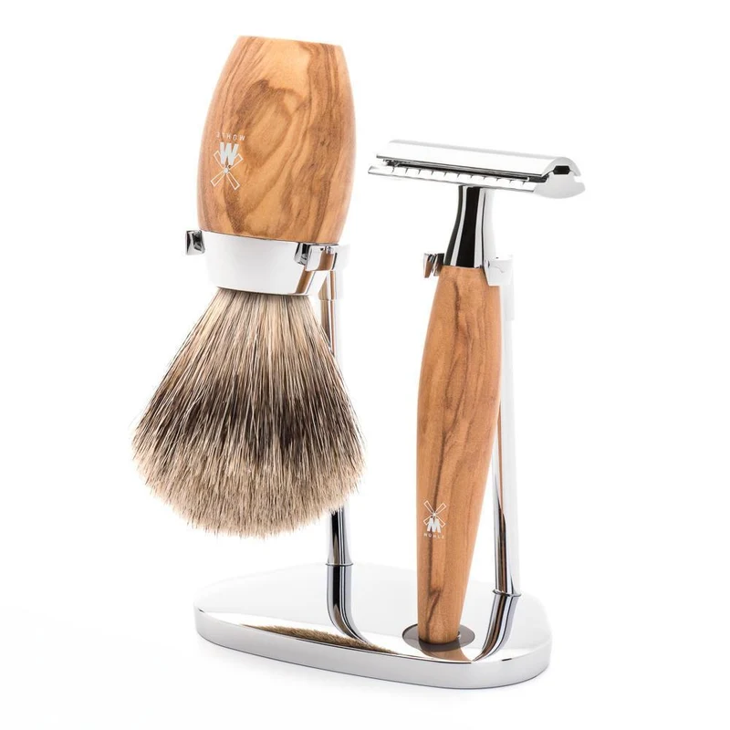 MÜHLE KOSMO 3 Pc. Shaving Set, Fine Badger Brush & Safety Razor, Olive Wood