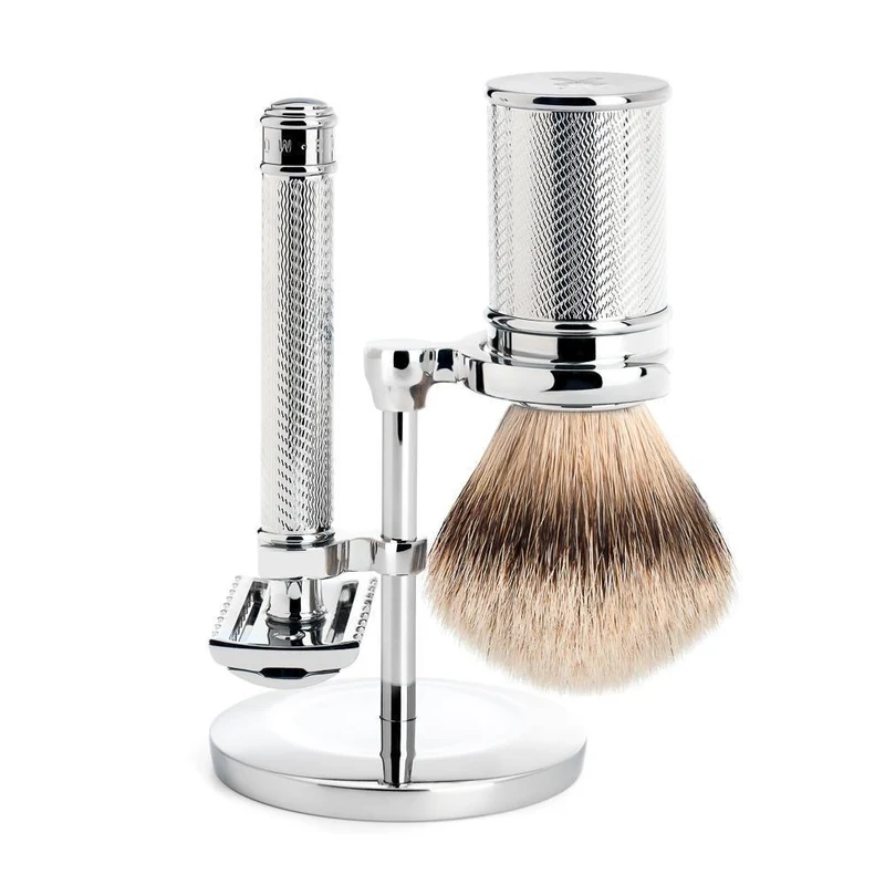 MÜHLE TRADITIONAL 3 Pc. Shaving Set, Silvertip Badger Brush & Safety Razor, Chrome-Plated Metal, Open Comb
