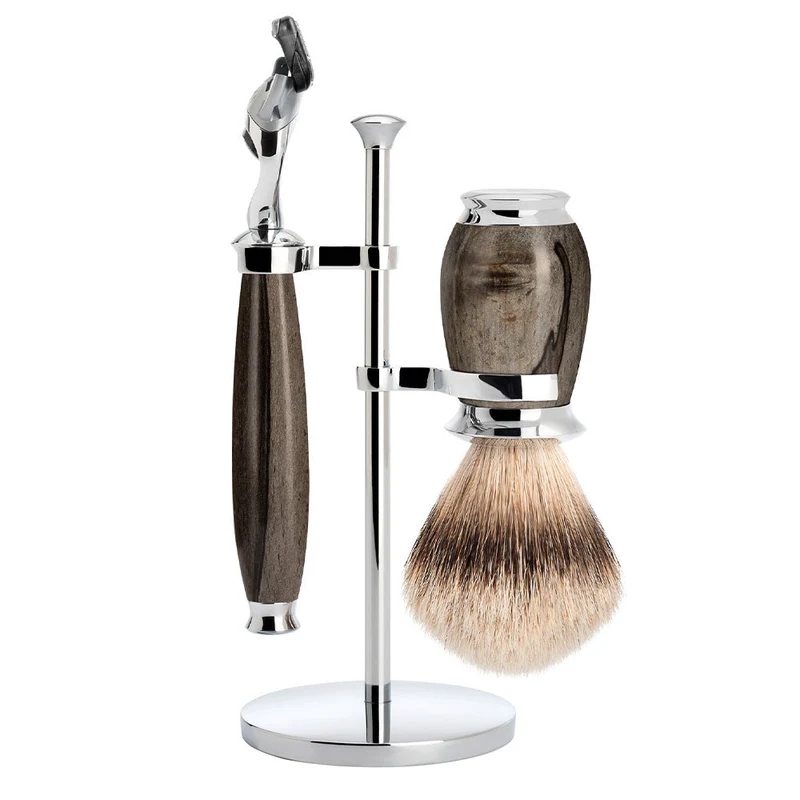 MÜHLE PURIST 3 Pc. Shaving Set, Silvertip Badger Brush& Gillette® Fusion™ Razor, Grained Beech