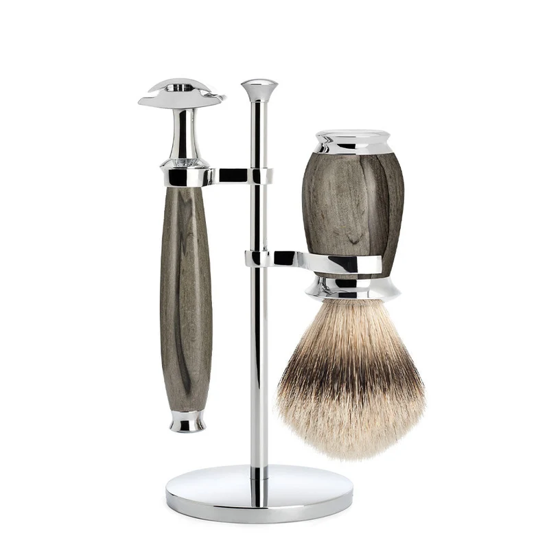 MÜHLE PURIST 3 Pc. Shaving Set, Silvertip Badger Brush & Safety Razor, Grained Beech