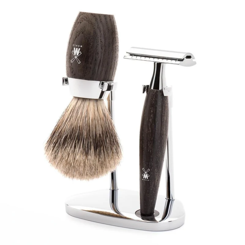 MÜHLE KOSMO 3 Pc. Shaving Set, Fine Badger Brush & Safety Razor, Bog Oak