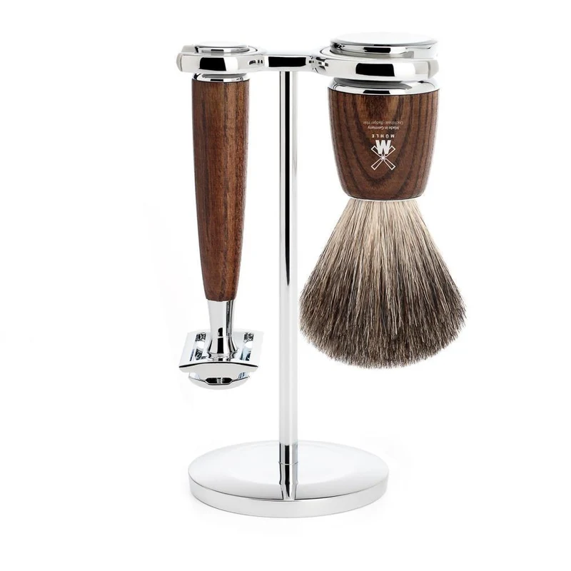 MÜHLE RYTMO 3 Pc. Shaving Set, Pure Badger Brush & Safety Razor, Steamed Ash