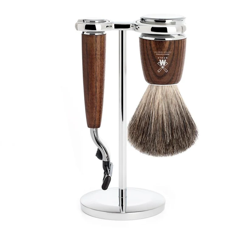 MÜHLE RYTMO 3 Pc. Shaving Set, Pure Badger Brush & Gillette® Mach3® Razor, Steamed Ash