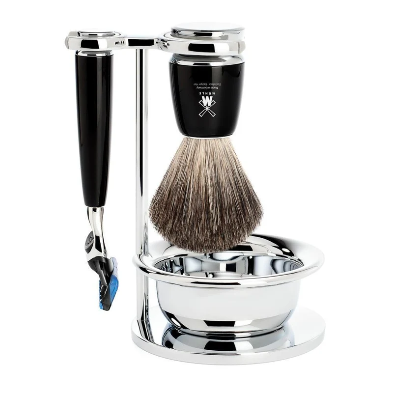MÜHLE RYTMO 4 Pc. Shaving Set, Pure Badger Brush & Gillette® Fusion™ Razor, Black