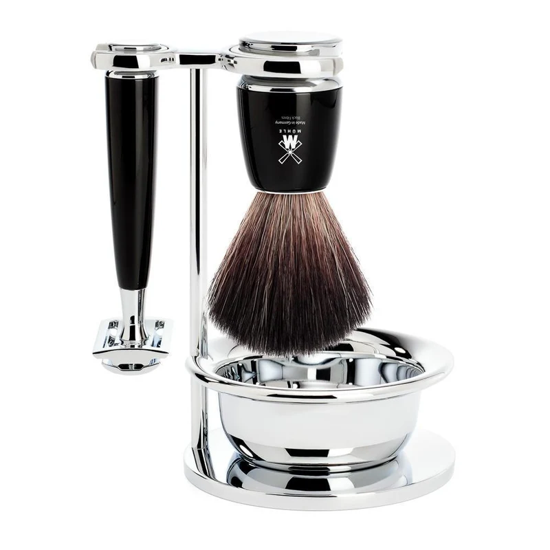 MÜHLE RYTMO 4 Pc. Shaving Set, Black Fibre Brush & Safety Razor, Black