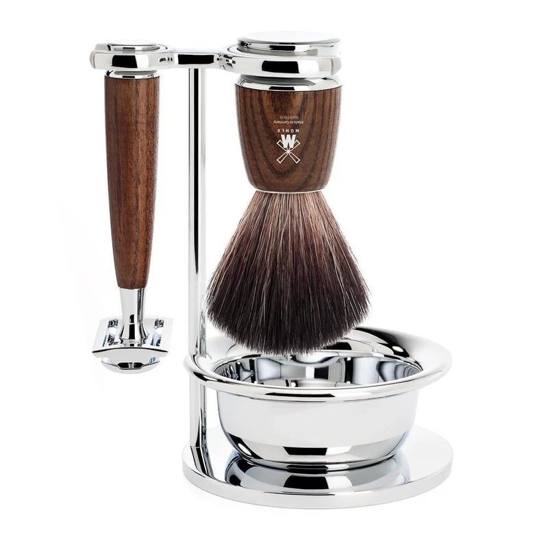MÜHLE RYTMO 4 Pc. Shaving Set, Black Fibre Brush & Safety Razor, Steamed Ash