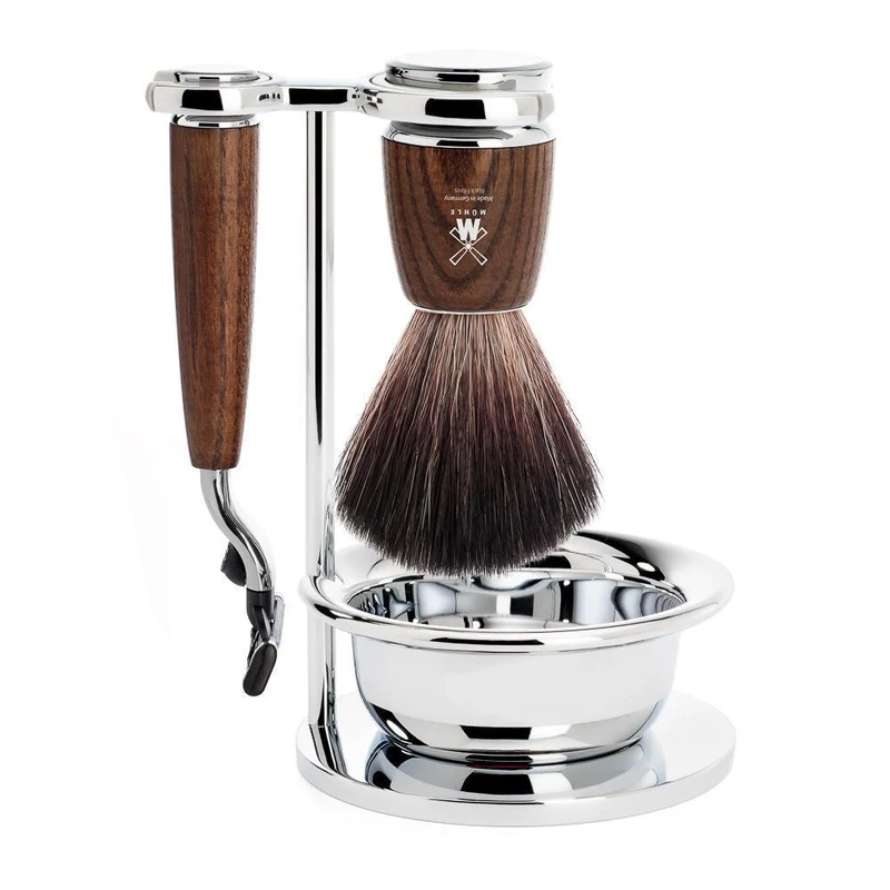 MÜHLE RYTMO 4 Pc. Shaving Set, Black Fibre Brush & Gillette® Mach3® Razor, Steamed Ash