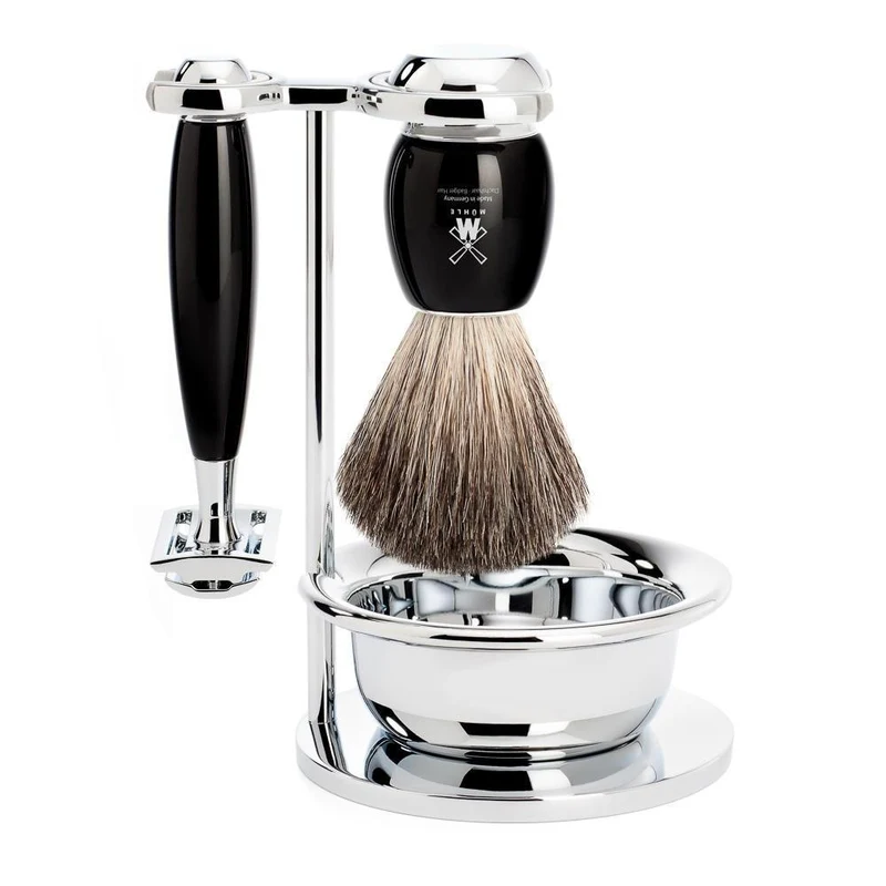 MÜHLE VIVO 4 Pc. Shaving Set, Pure Badger Brush & Safety Razor, Black Resin