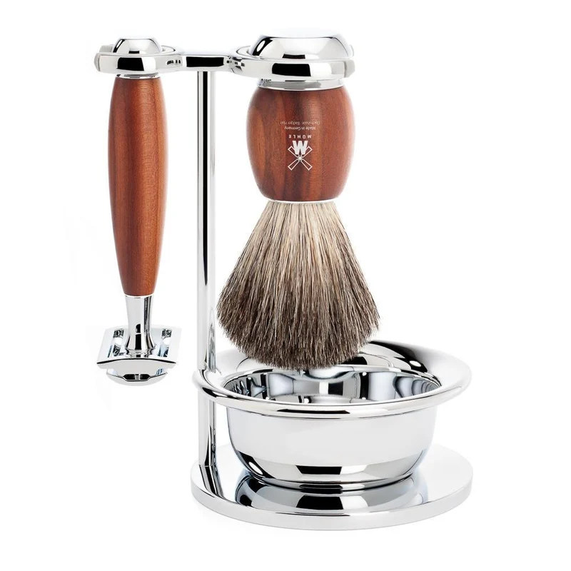 MÜHLE VIVO 4 Pc. Shaving Set, Pure Badger Brush & Safety Razor, Plum Tree