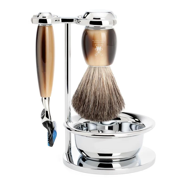 MÜHLE VIVO 4 Pc. Shaving Set, Pure Badger Brush & Gillette® Fusion™ Razor, Horn Brown