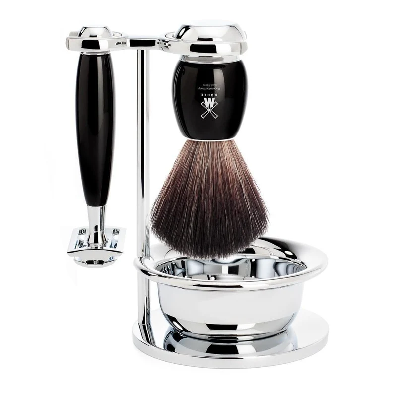 MÜHLE VIVO 4 Pc. Shaving Set, Black Fibre Brush & Safety Razor, Black