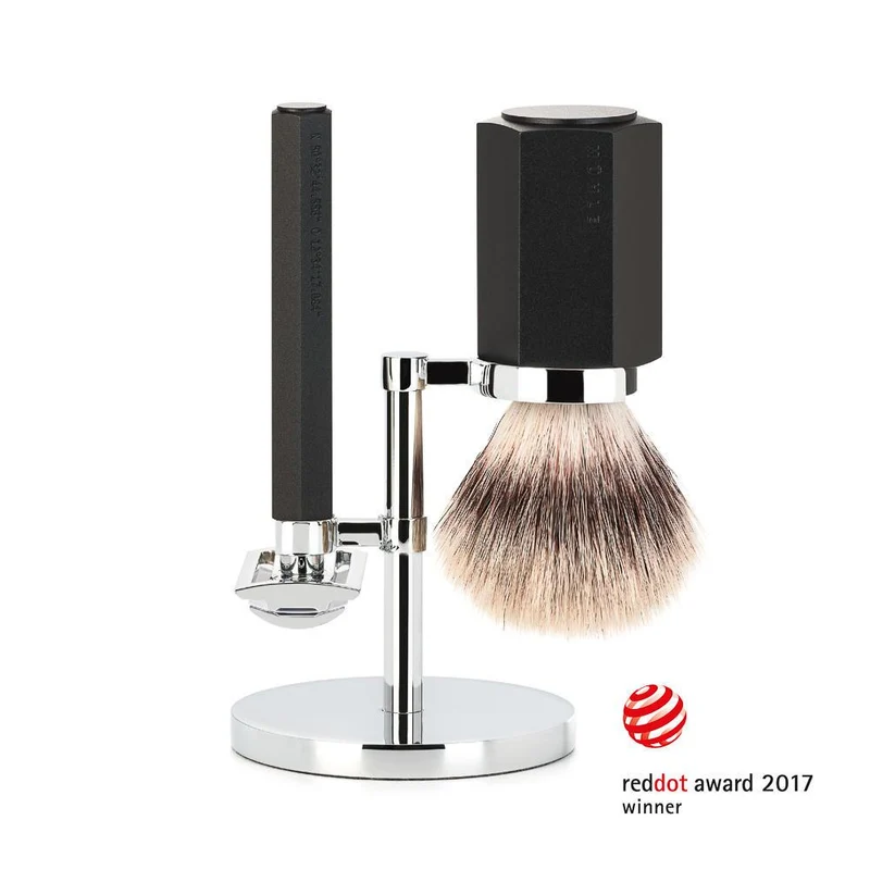 MÜHLE HEXAGON 3 Pc. Shaving Set, Silvertip Fibre® Brush & Safety Razor, Graphite