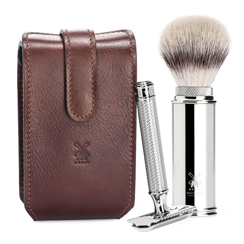 MÜHLE TRAVEL 2 Pc. Shaving Set, Silvertip Fibre® Brush & Safety Razor w/ Leather Case, Brown