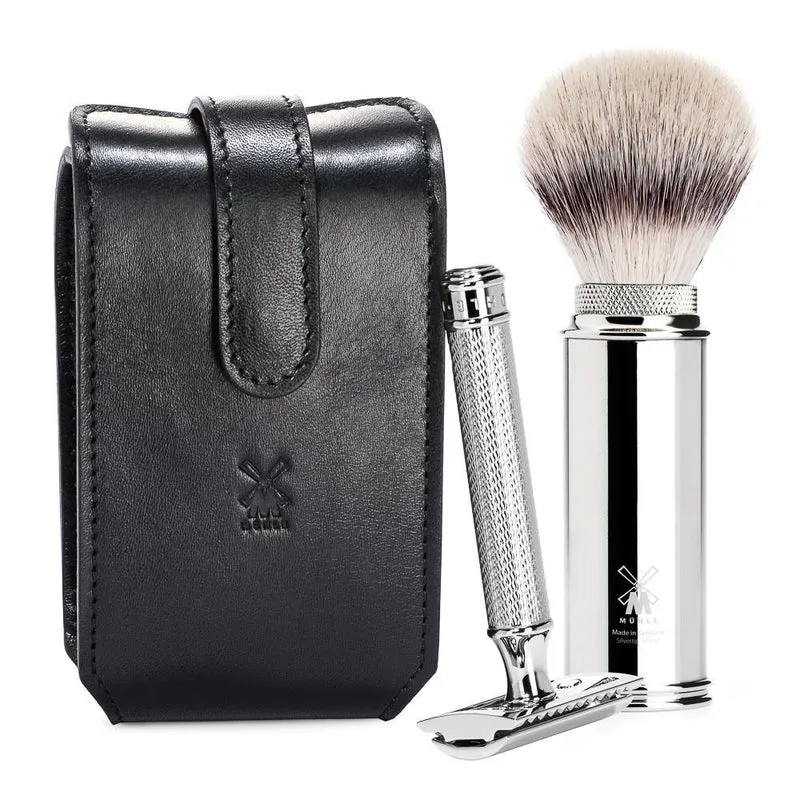 MÜHLE TRAVEL 2 Pc. Shaving Set, Silvertip Fibre® Brush & Safety Razor w/ Leather Case, Black