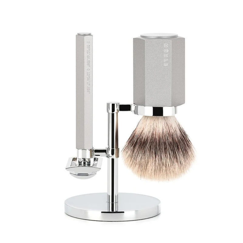 MÜHLE HEXAGON 3 Pc. Shaving Set, Silvertip Fibre® Brush& Safety Razor, Pure