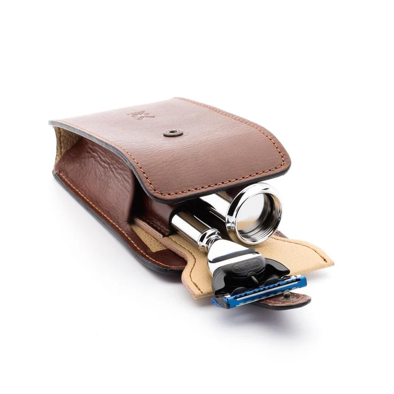 MÜHLE TRAVEL 2 Pc. Shaving Set, Silvertip Fiber® Brush & Gillette® Fusion™ Razor, Florentine Leather Case, Brown