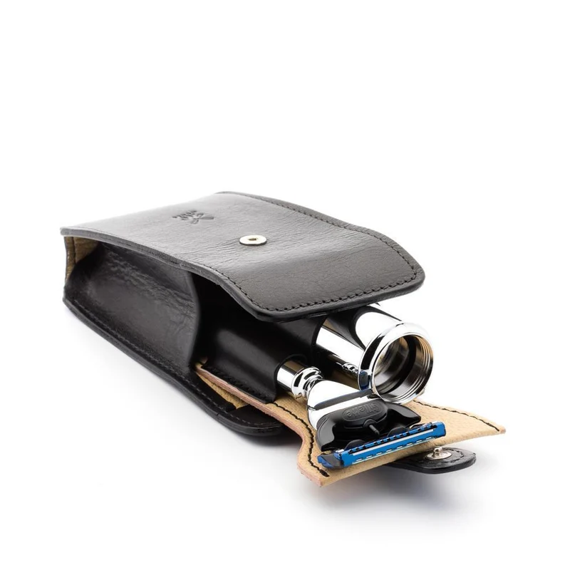 MÜHLE TRAVEL 2 Pc. Shaving Set, Silvertip Fiber® Brush & Gillette® Fusion™ Razor, Florentine Leather Case, Black