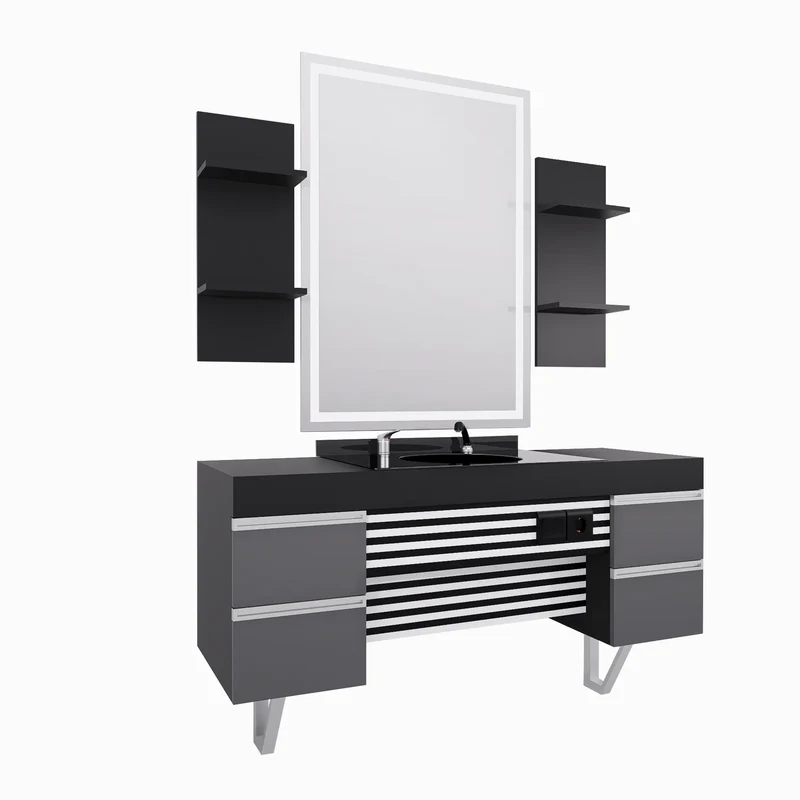 Modern Barberarstation i Svart & Grå med LED-spegel
