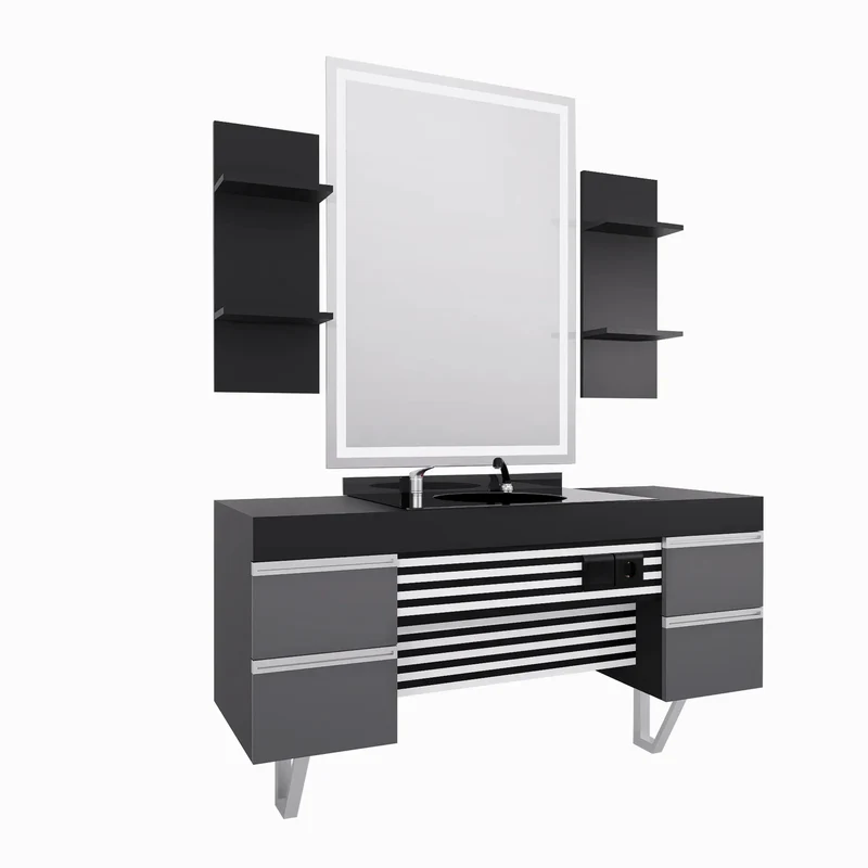 Modern Barberarstation i Svart & Grå med LED-spegel
