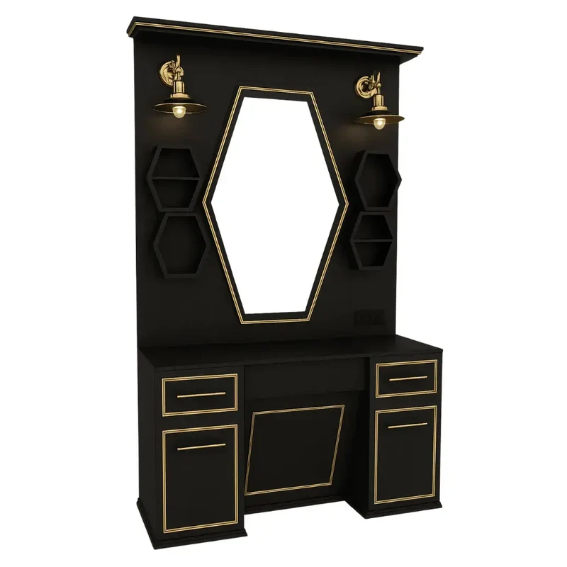 Barberarstation Svart & Guld – Lyxigt Spegelbord