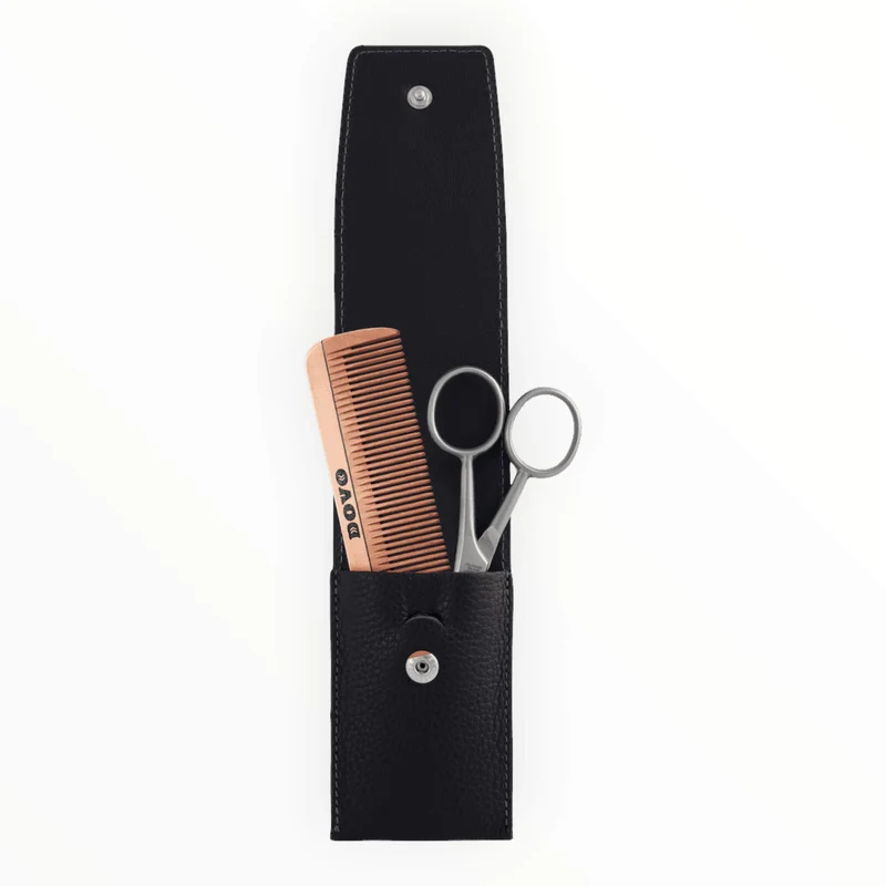 Beard & Grooming Set med sax och kam i trä, svart läder