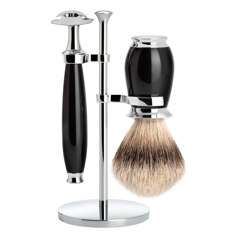 Rakset med Säkerhetshyvel, Silvertip Rakborste och Hållare, Purist, Svart Resin