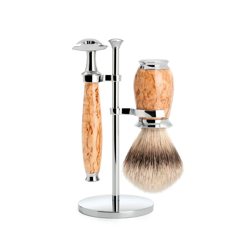Rakset med Säkerhetshyvel, Silvertip Rakborste och hållare, Purist, Karelian Burl Birch