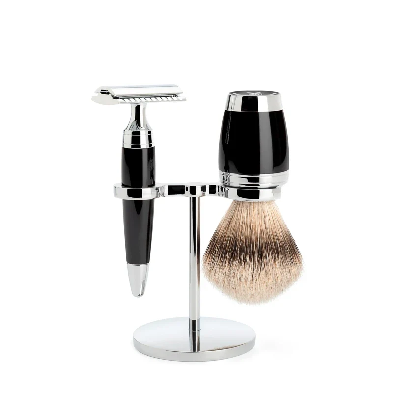 Rakset med Säkerhetshyvel, Silvertip Rakborste och hållare, Stylo, Black Resin