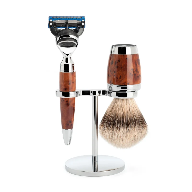 Rakset med Rakhyvel, Silvertip Rakborste och Hållare, Stylo, Thuja Wood