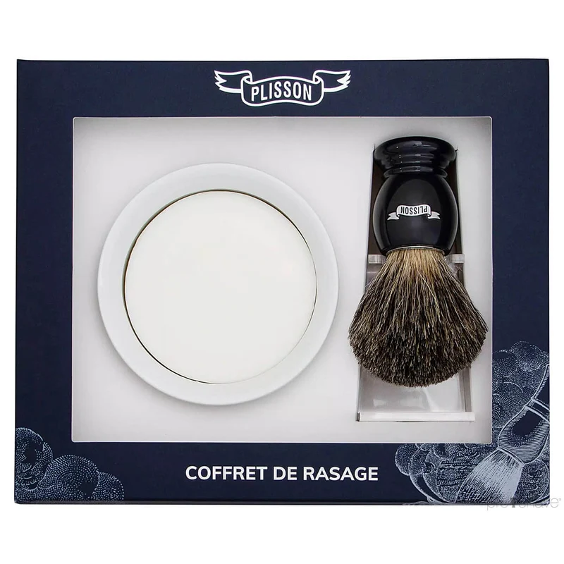 Startset med Rakborste av Russian Grey Badger, hållare och porslinsskål med Raktvål, Svart
