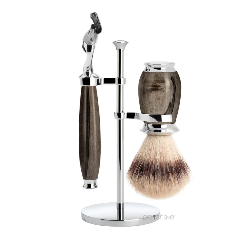 Rakset med Fusion Rakhyvel, Silvertip Fibre® Rakborste och hållare, Purist, Grained Beech