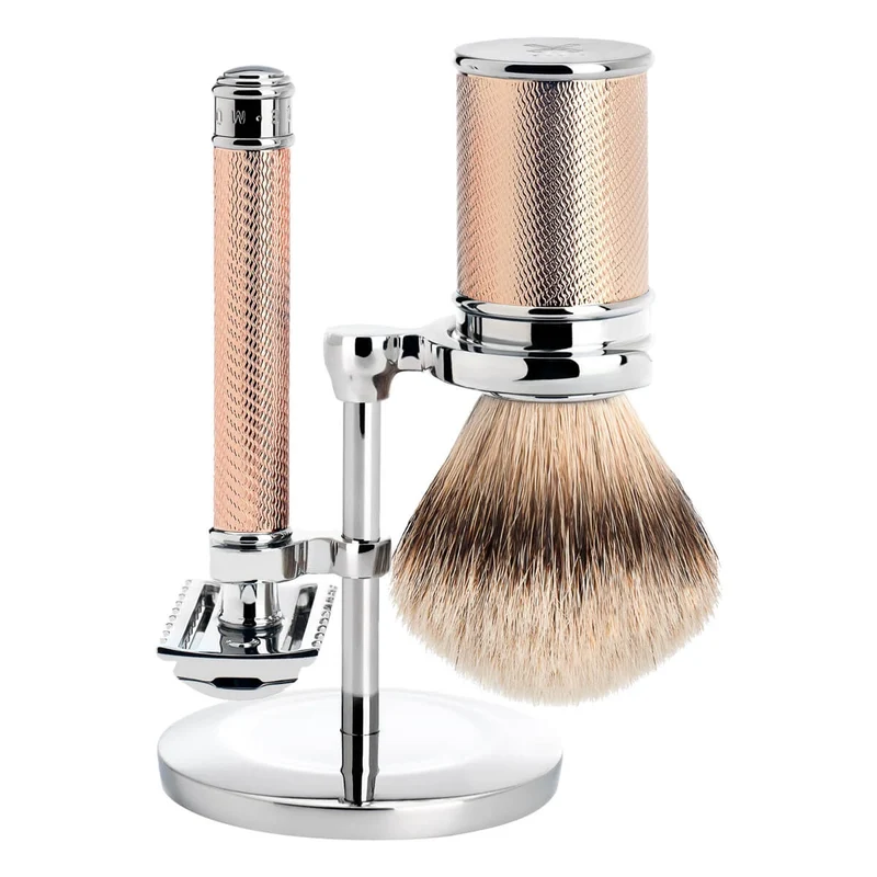Rakset med Säkerhetshyvel (öppen kam), Rakborste och hållare, Traditional, Rosegold
