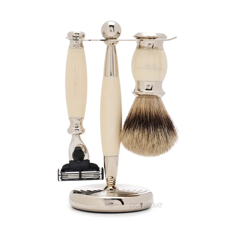 Rakset med Mach3 Rakhyvel, Badger borste och hållare, Edwardian, Faux Ivory