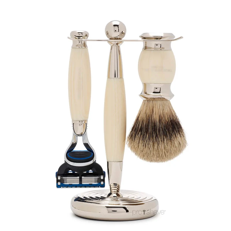 Rakset med Fusion Rakhyvel, Badger Borste och Hållare, Edwardian, Faux Ivory