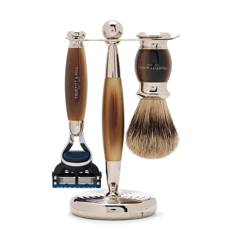 Rakset med Fusion Rakhyvel, Badger Borste och Hållare, Edwardian, Faux Horn