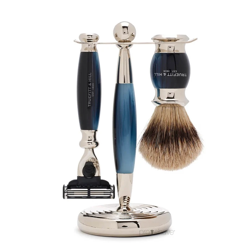 Rakset med Fusion Rakhyvel, Badger Borste och Hållare, Edwardian, Faux Blue Opal