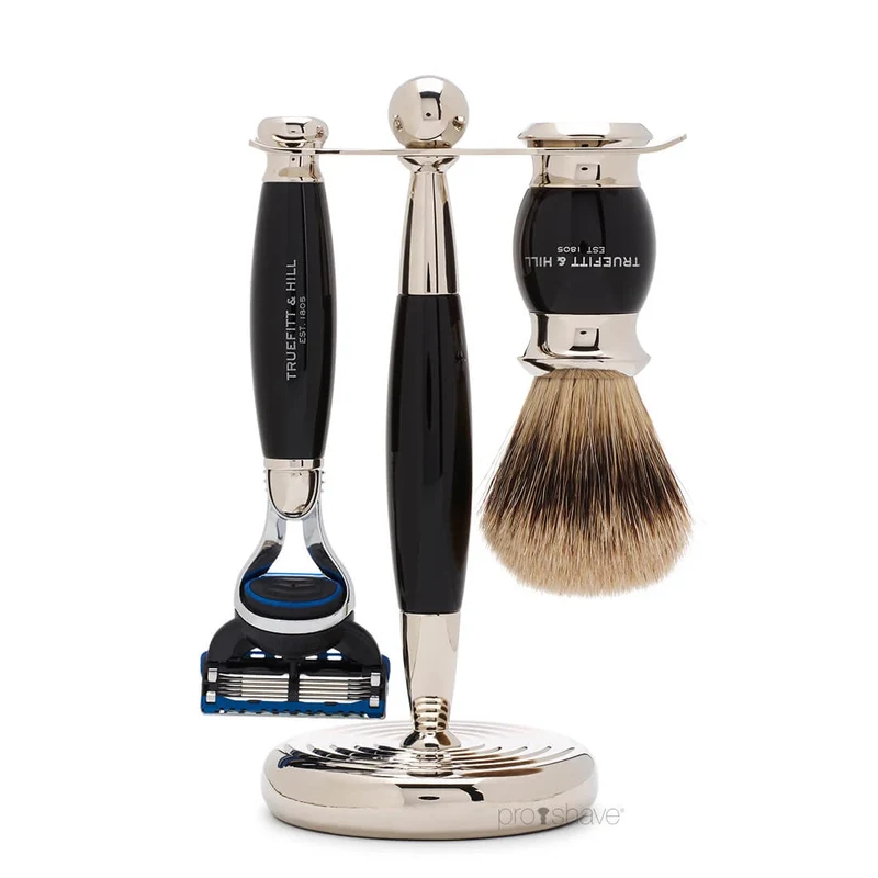 Rakset med Fusion Rakhyvel, Badger Borste och Hållare, Edwardian, Faux Ebony