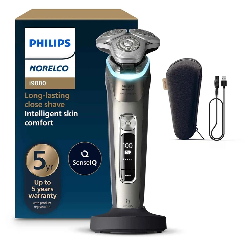 Philips Norelco i9000 Prestige Wet&Dry Electric Shaver with SenseIQ XP9203/81 , 360 Rotating Dual SteelPrecision Blades, Quick Clean Pod
